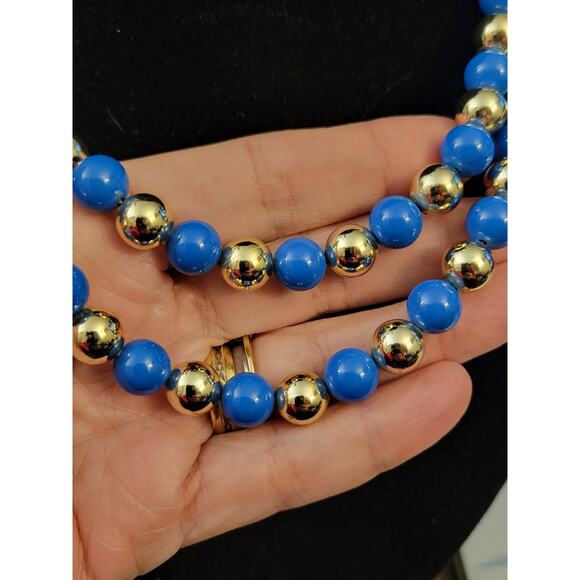 Vintage Blue and Gold Beaded Necklace - Picture 2 of 4